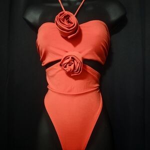 Zara Coral-Red Floral Cutout One-Piece Swimsuit